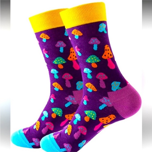 Accessories - Bright Purple Mushroom Crew Socks with Yellow Cuff
